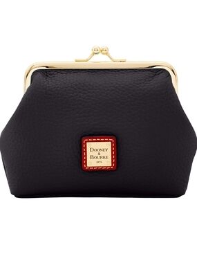 Dooney & Bourke Black Pebbled Leather Kiss-Lock Coin Pouch with Gold Frame